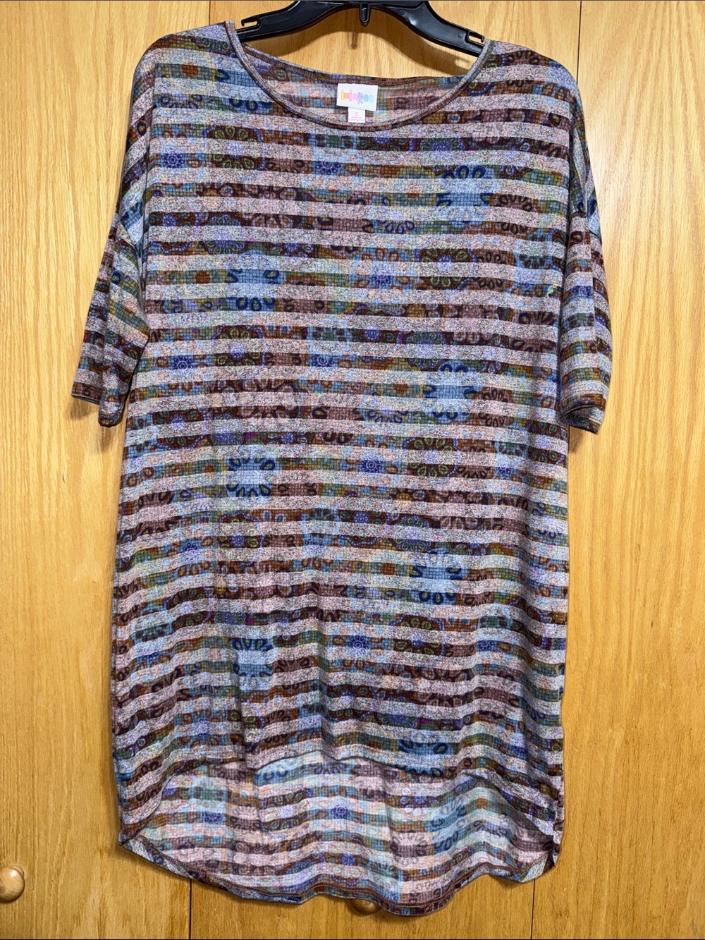 LuLaRoe Irma Brown, Blue & Green Striped Short Sleeve Tunic